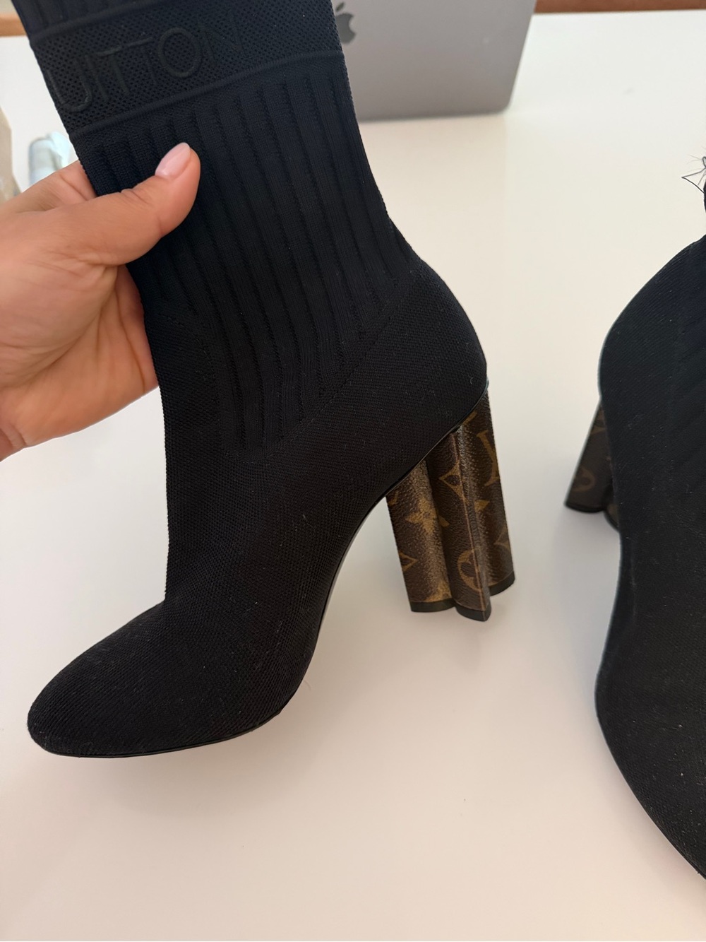 Louis Vuitton Black Knit Sock Boot with Monogram Block Heel